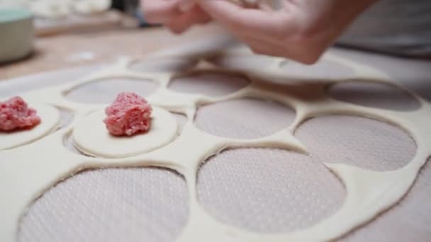 여자는 만두를 만들고 반죽에 고기를 감쌉니다 움직임에 클로즈업 손으로 — 비디오