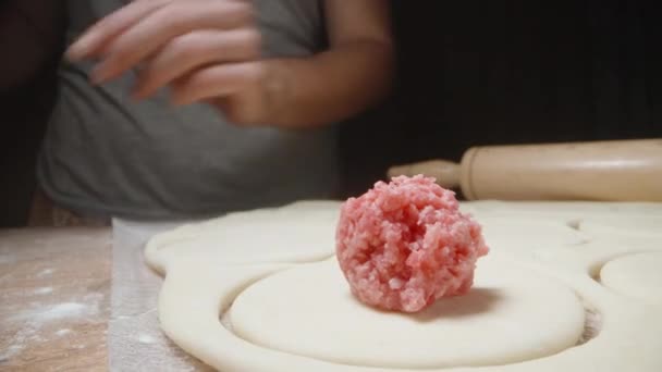 Genç Kadın Yapımı Hamur Köftesi Pişiriyor Hazır Hamur Çemberlerine Kıyma — Stok video