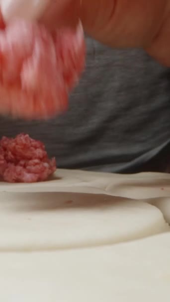 만두를 반죽에 고기의 조각을 퍼뜨렸다 Dolly 슬라이더 극단적인 비디오 미디어 — 비디오