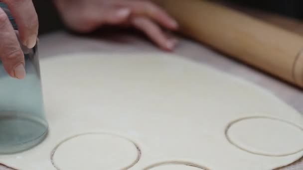 用圆形玻璃杯从面团中挤出饺子模子 — 图库视频影像