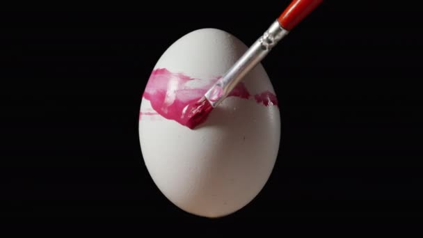 Белое Яйцо Вращается Черном Фоне Крашу Розовый Кистью Пасху — стоковое видео