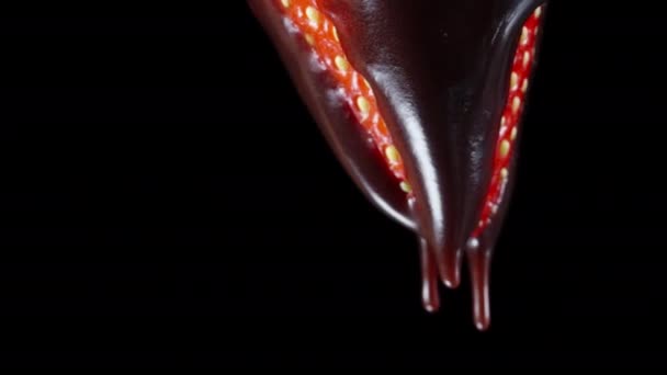 Drops Chocolate Hang Strawberries While Slowly Spin Black Background Macro — Stock Video