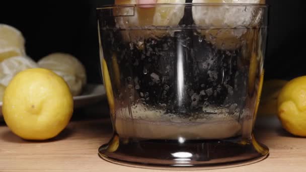 Close Put Two Lemon Halves Blender Slow Motion — Stock Video