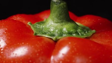 Kırmızı Çan biberinin ucu siyah bir arkaplanda dönüyor. Makro. Su damlalarında.