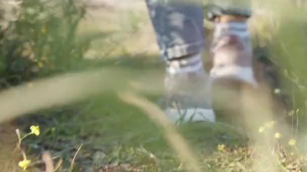 Cañonero Zapatillas Rosas Jeans Camina Sobre Hierba Bosque Una Vista — Vídeos de Stock