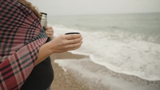 Mladá Žena Kostkovaných Kostkách Drží Hrnek Čaje Termosku Když Stojí — Stock video