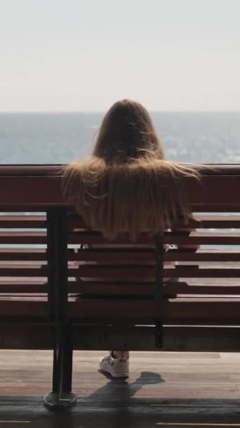 Una Joven Con Pelo Largo Está Sentada Junto Mar Banco — Vídeos de Stock