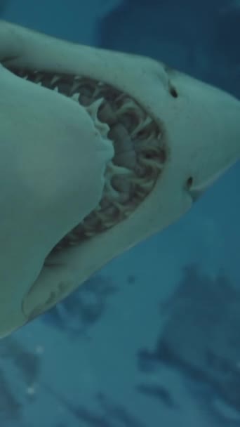 一只巨大的鲨鱼在我上方游动 锋利的牙齿 非常接近的特写 垂直录像 — 图库视频影像