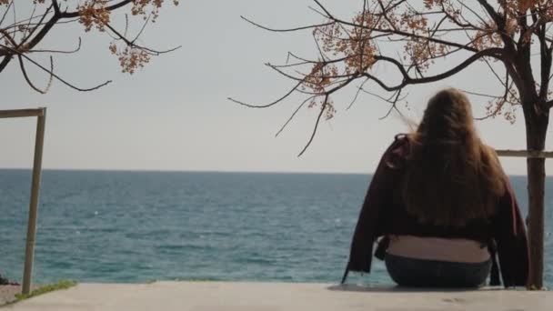 若い女性が海の近くのコンクリートに座り 距離を調べます 風は彼女の長い髪を台無しにする — ストック動画