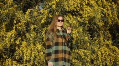 Ekose gömlekli ve gözlüklü genç bir kadın güneşin altında Acacia pycnantha çiçeklerinin yanında duruyor..