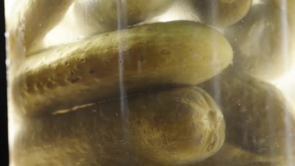 在罐子里挑出来的黄瓜在近距离旋转 后面的光从罐子里透出来 — 图库视频影像