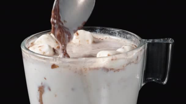 Copo Leite Quente Com Marshmallows Misturo Chocolate Com Uma Colher — Vídeo de Stock