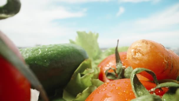 Rozrzucone Warzywa Pod Błękitnym Niebem Krople Wody Ogórki Pomidory Sałatka — Wideo stockowe
