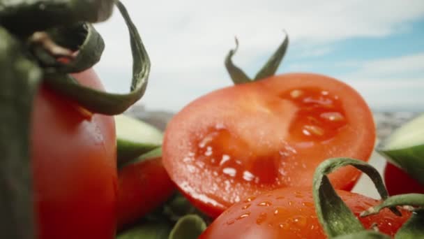 Hortalizas Sobre Mesa Cámara Desliza Entre Tomates Rodajas Pepinos Pimientos — Vídeos de Stock