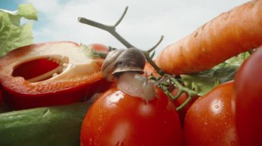 Bir salyangoz ıslak domates, biber, marul ve salatalıklar etrafa saçılmış ve doğranmıştır. makro yakınlaştırma.