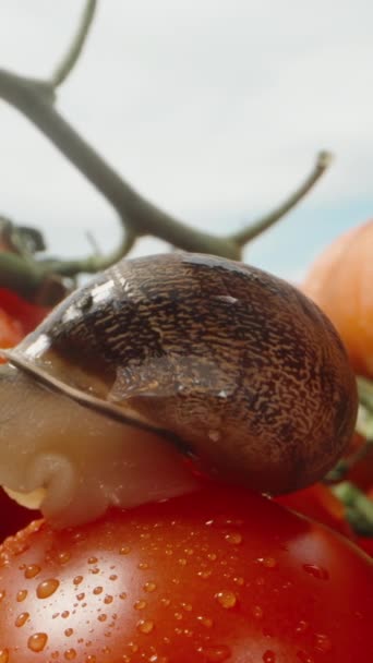 Légumes Éparpillés Contre Ciel Bleu Escargots Assis Sur Une Tomate — Video
