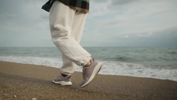 Una Giovane Donna Cammina Lungo Spiaggia Riva Mare Con Tempo — Video Stock