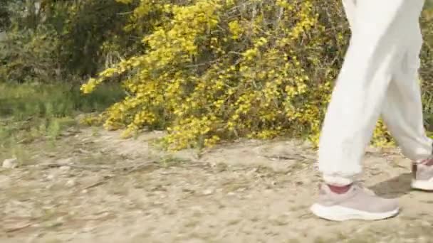 Füße Turnschuhen Und Weiten Weißen Hosen Auf Einem Feldweg Wald — Stockvideo