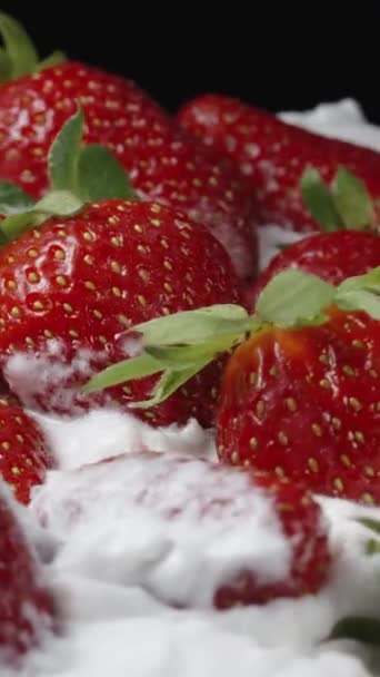Strawberries Whipped Cream Rotating Take One Hand Vertical Video — Stock Video