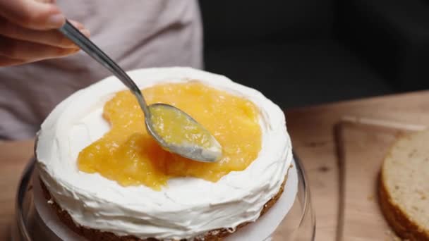 Chef Pâtissier Étale Une Couche Compote Orange Sur Gâteau Ralenti — Video