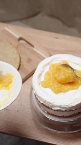 一个女人正在准备一个第三人称的蛋糕 当她慢慢地在蛋糕层上撒满橙子的时候 垂直录像 — 图库视频影像
