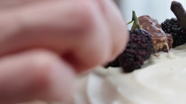 Chef Pastelería Decora Pastel Colocando Caramelos Chocolate Redondos Moras Parte — Vídeos de Stock