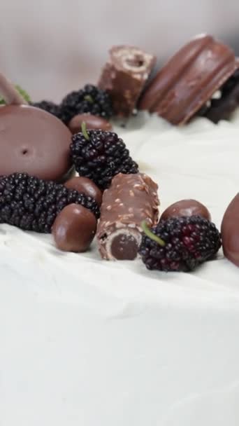 完成的蛋糕上覆盖着白色奶油 顶部装饰着各种巧克力饼干和桑莓 垂直录像 — 图库视频影像