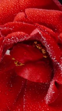 Su damlacıklarındaki kırmızı bir gül siyah bir zemin üzerinde döner, yukarıdan görülür, izole. Dikey videoyu kapat.