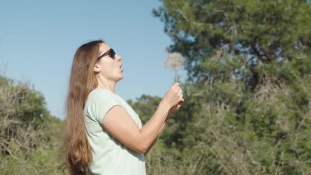 Женщина Дует Зрелые Семена Большого Круглого Трагопогонного Цветка Посылая Ветру — стоковое видео