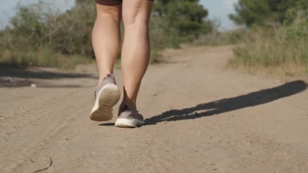 Kobiece Nogi Krótkich Legginsach Widziane Tyłu Spacerujące Piaszczystej Drodze Lesie — Wideo stockowe