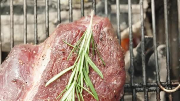 Beef Steak Accompanied Sprig Rosemary Sizzles Charcoal Grill Providing Top — Stock Video