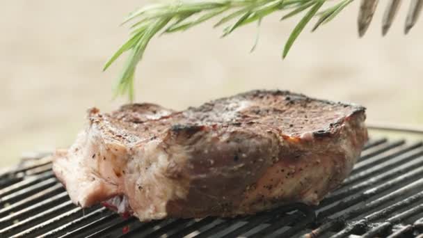Aku Meletakkan Setangkai Rosemary Pada Steak Daging Sapi Yang Mendesis — Stok Video