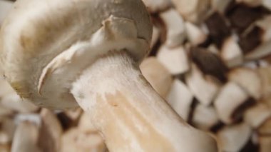 Düşme konsepti, yavaş çekimde, beyaz bir mantar zaten dilimlenmiş mantarlara doğru düşer, üst görünüm, aşırı makro.