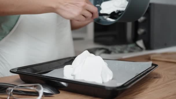 Pastry Chef Piping Meringue Baking Sheet Covered Parchment Paper Close — Stock Video