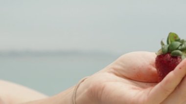 Bir kadın ellerinin arasında çilek tutar, elleri böğürtlenlerden kızarır, denizin ve güneşin arka planına karşı..