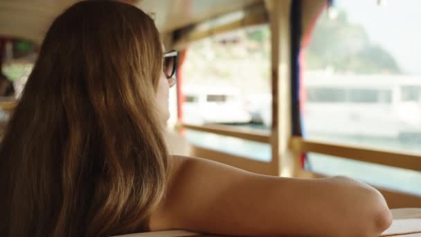 Una Giovane Donna Con Capelli Lunghi Viaggia Una Nave Guarda — Video Stock