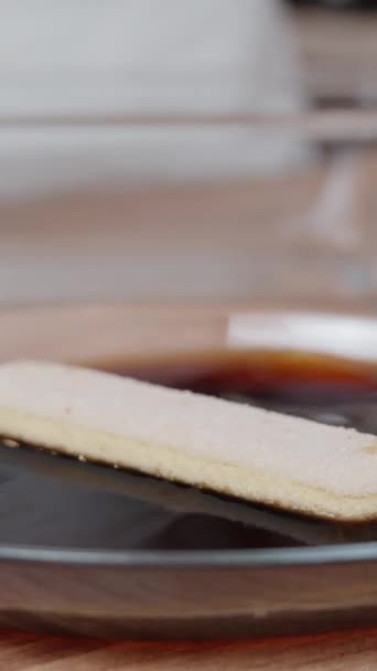 Woman Dips Savoiardi Biscuits Coffee Transfers Them Cake Dish Vertical — Stock Video