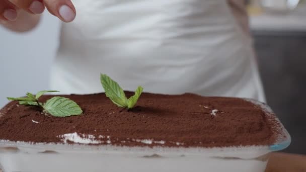 Pasta Şefi Tiramisunun Üstündeki Nane Yapraklarını Beğenmedi Onları Çıkarıp Üzerine — Stok video