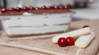 Genç bayan Tiramisu 'yu hazırladı ve fotoğraf çekmek için yanındaki masayı nane yapraklarıyla süslüyor..