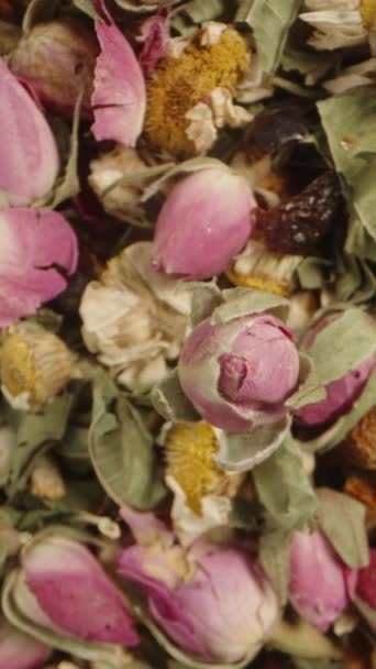 Una Dispersión Hecho Hierbas Flores Incluyendo Manzanilla Rosas Una Rosa — Vídeos de Stock