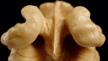 Siyah arka planda soyulmuş, izole edilmiş bir ceviz, simüle düşme, makro yakınlaştırma.