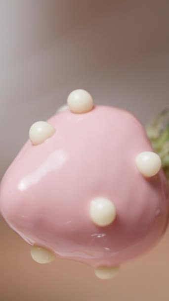 Крупный План Клубники Смоченной Розовый Шоколад Украшенный Белым Сахарным Жемчугом — стоковое видео