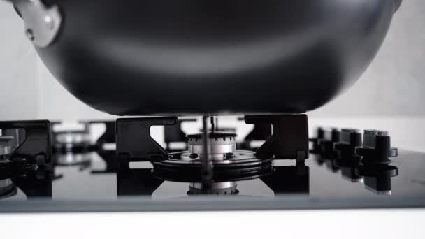 White Kitchen Black Glass Gas Stove Sits Large Pot Ignite — Stock Video