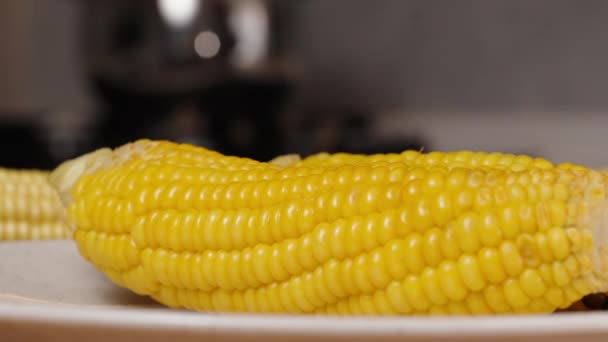 Der Gekochte Und Heiße Mais Gerade Aus Dem Kochenden Wasser — Stockvideo
