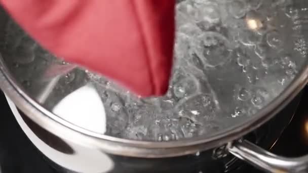 Gümüş Bir Tencerede Kaynamış Ben Bir Eldiven Giyerek Cam Kapağı — Stok video