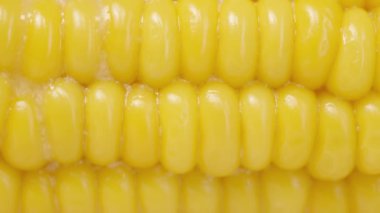 Erimiş tereyağı ve meyve suyu mısır tanelerinden sızıyor. Çekim makroda, ağır çekimde..