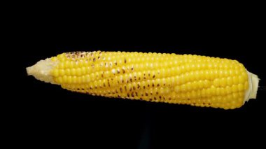 Mısır taneleri yavaş yavaş kavrulurken mısır koçanı siyah bir arka planda dönüyor..