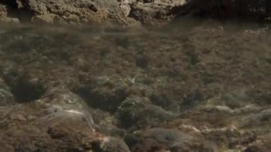 Kamera dalgaların üzerinde sallanıyor, kıyıdaki kayaların görüntüsünü yakalıyor ve sonra su altına dalıyor..