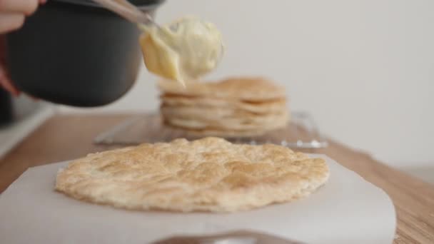 Woman Spreading White Cream First Layer Puff Pastry Preparing Napoleon — Stock Video