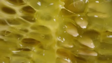 Kiwano 'nun içindeki et ve tohum, Afrika salatalığı. Siyah arka planda, makro yakınlaştırma. Kaydırıcı.